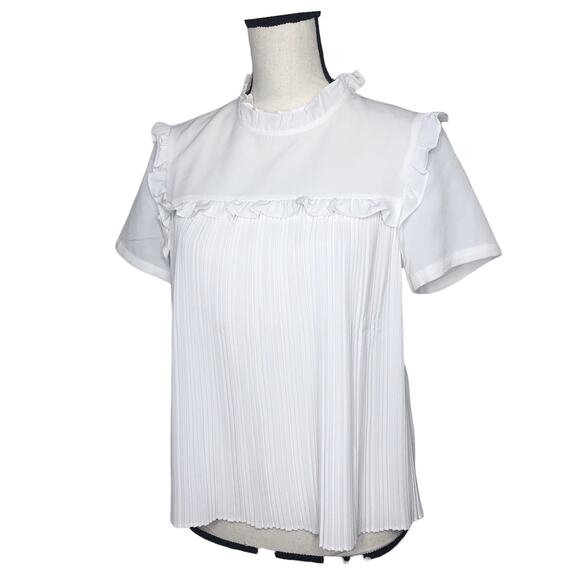 Maje Top Lamou Blouse Bow Back White High Neck Ruffle Pleated Short Sleeve